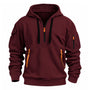 Bordeauxrode hoodie van voren met halve rits, oranje bandjes en zwarte trekkoorden 7