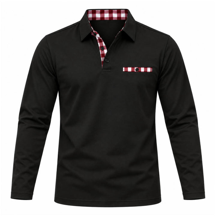 Zwarte polo met lange mouwen, voorzijde met geruite knoopsluiting, kraagrand en borstzakje in rood en wit 2