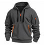 Donkergrijze hoodie met halve rits, zwarte trekkoorden en oranje bandjes aan de kangoeroezak, vooraanzicht 6