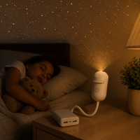 Slapend kind met knuffelbeer in bed, terwijl de projector op een powerbank op het nachtkastje een sterrenhemel op de muur en het plafond werpt. 4