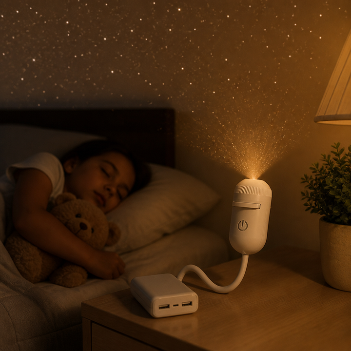 Slapend kind met knuffelbeer in bed, terwijl de projector op een powerbank op het nachtkastje een sterrenhemel op de muur en het plafond werpt. 4