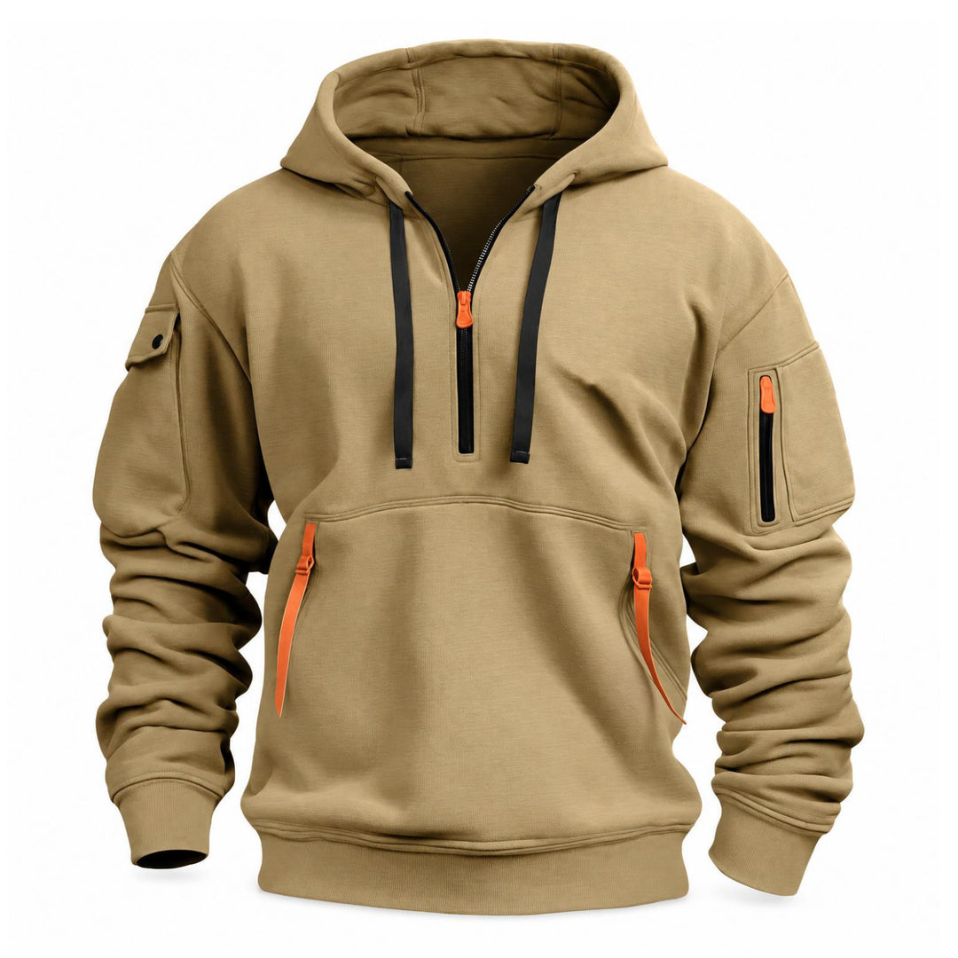 Zandkleurige hoodie met halve rits, zwarte trekkoorden en oranje details bij de zakken, vooraanzicht 4