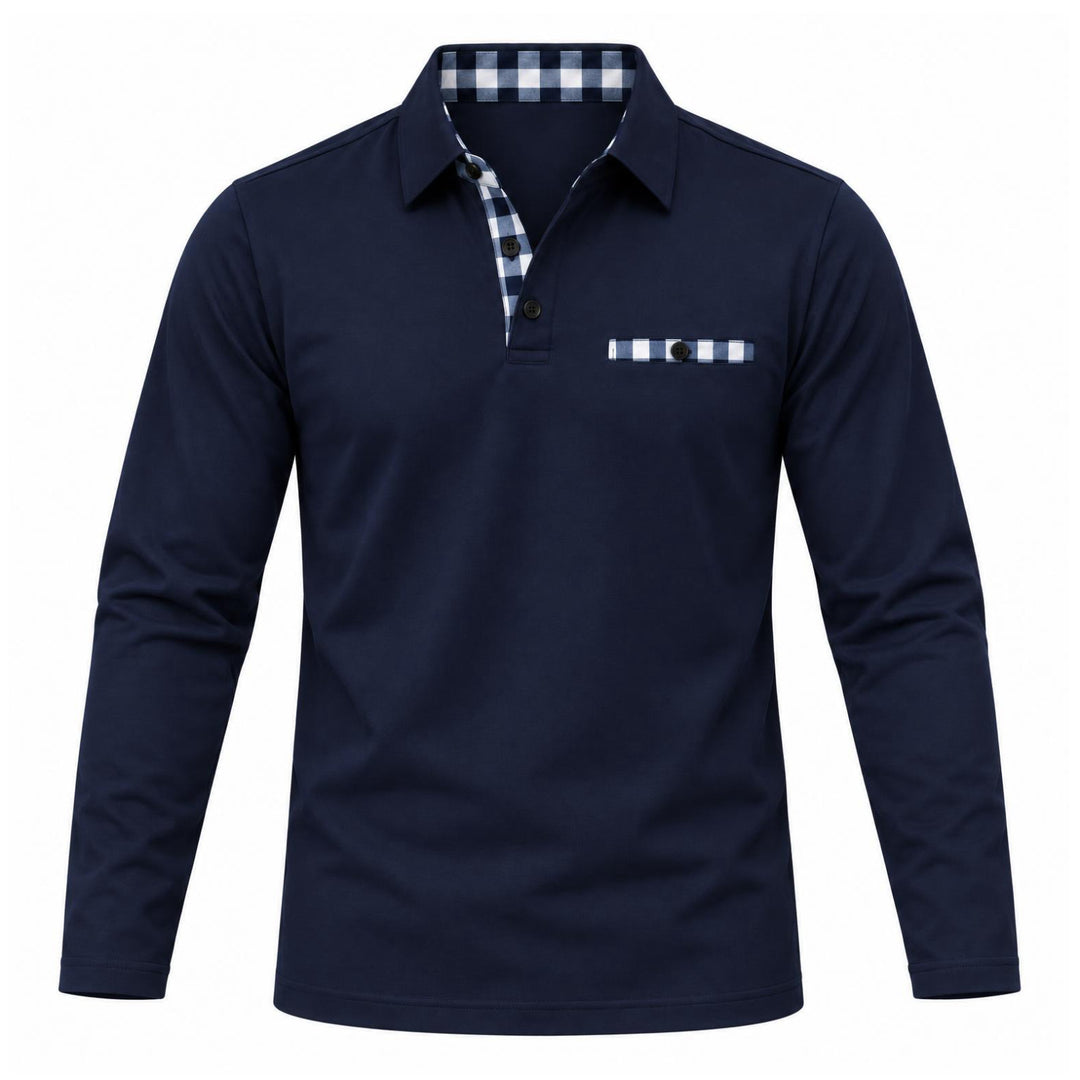 Marineblauwe polo met lange mouwen, voorzijde met blauw-wit geruite knoopsluiting en borstzakje 3