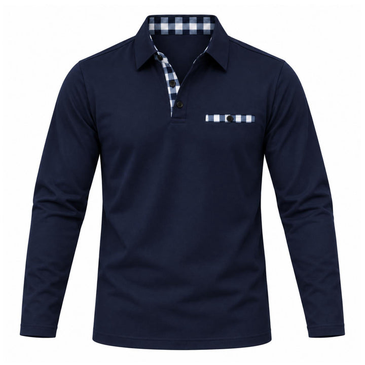Marineblauwe polo met lange mouwen, voorzijde met blauw-wit geruite knoopsluiting en borstzakje 3