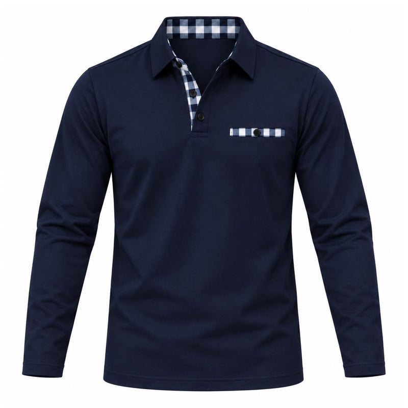 Marineblauwe polo met lange mouwen, voorzijde met blauw-wit geruite knoopsluiting en borstzakje 3