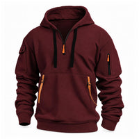 Bordeauxrode hoodie met halve rits, zwarte trekkoorden en oranje bandjes bij de voorzak, vooraanzicht 7
