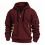 Bordeauxrode hoodie met halve rits, zwarte trekkoorden en oranje bandjes bij de voorzak, vooraanzicht 7