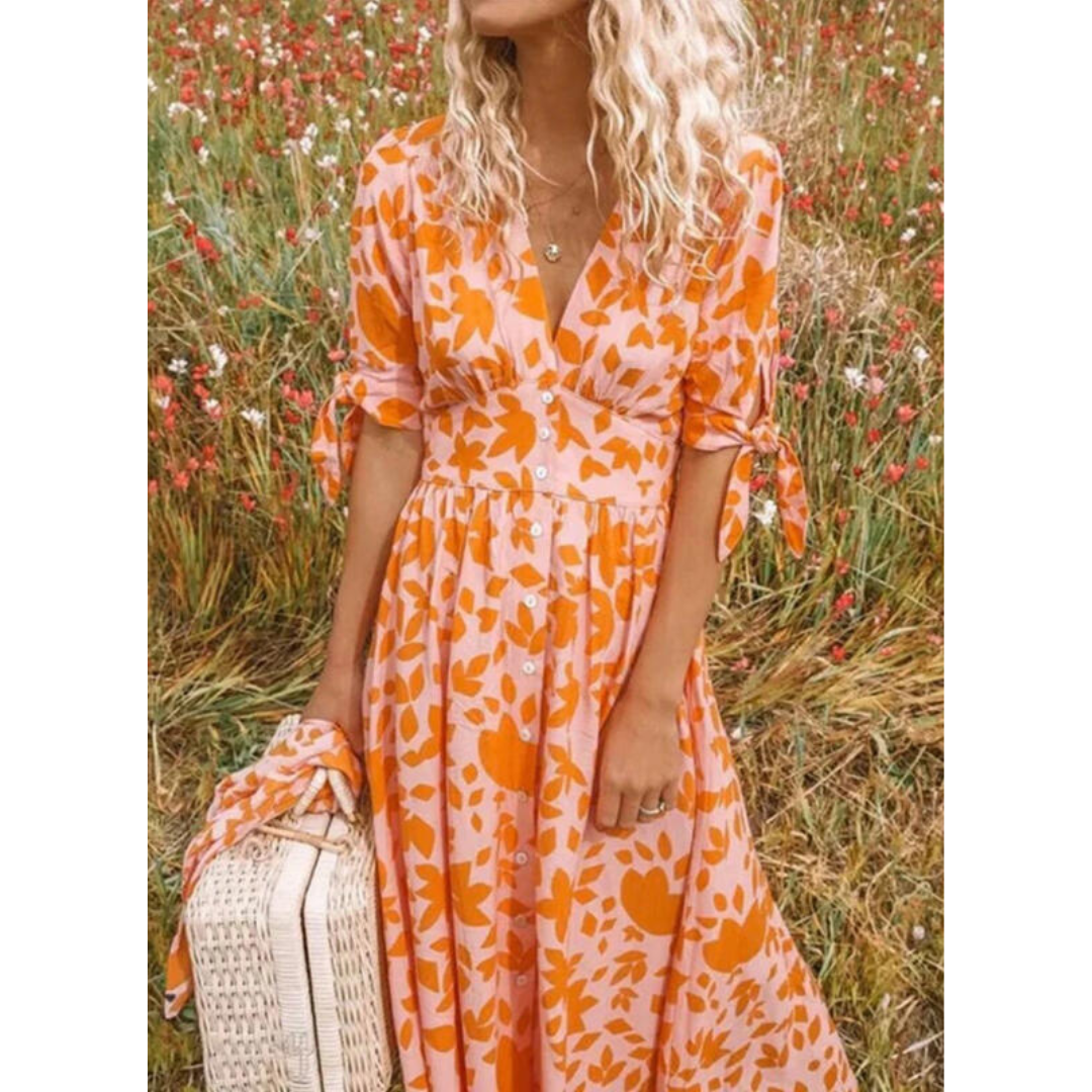 Vloeiende maxi jurk met V-hals & bindmouwen – Soraya