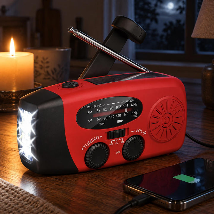 Rode radio met brandende zaklamp op een houten tafel bij een kaars, terwijl een telefoon oplaadt 1