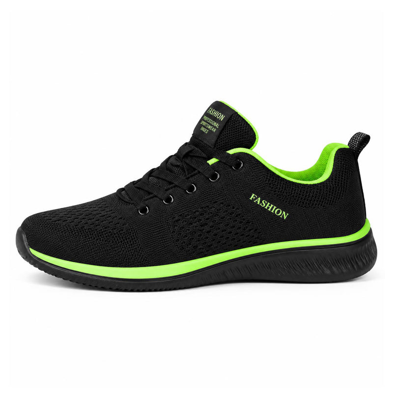 Zijaanzicht van zwarte gebreide sneaker met felgroene accenten op de zoolrand en de binnenkant 4
