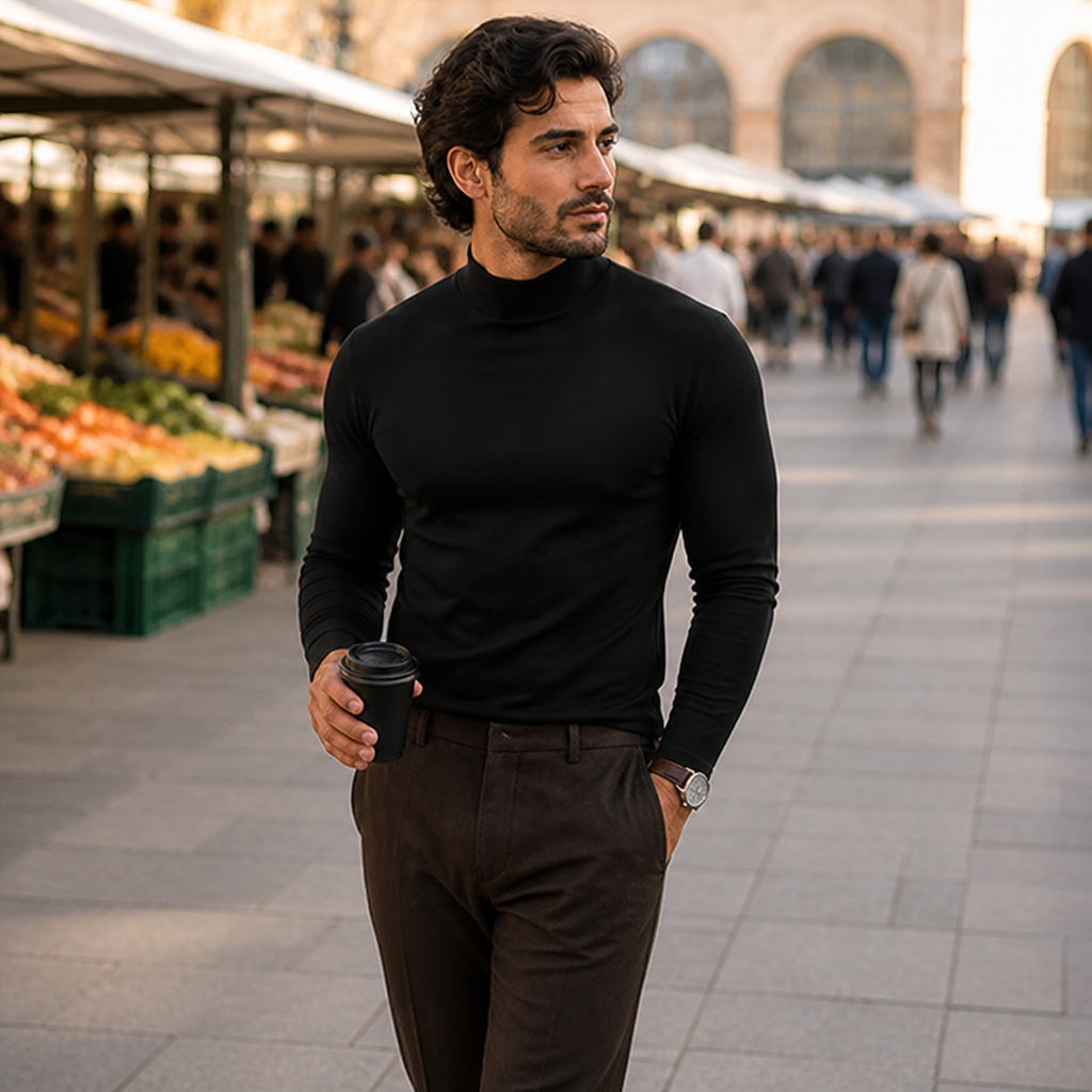 Man draagt het zwarte shirt met hoge kraag tijdens een wandeling langs een marktplein, met een koffiebeker in zijn hand. 2
