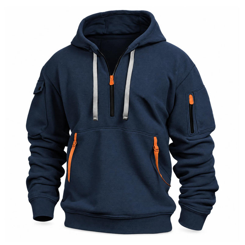 Marineblauwe hoodie met halve rits, grijze trekkoorden en oranje ritsen, vooraanzicht op witte achtergrond 2