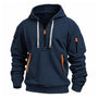 Marineblauwe hoodie met halve rits, grijze trekkoorden en oranje ritsen, vooraanzicht op witte achtergrond 2