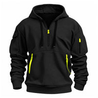 Zwarte hoodie van voren met felgele ritstrekkers en zwarte trekkoorden 5