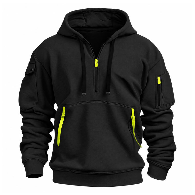 Zwarte hoodie van voren met felgele ritstrekkers en zwarte trekkoorden 5