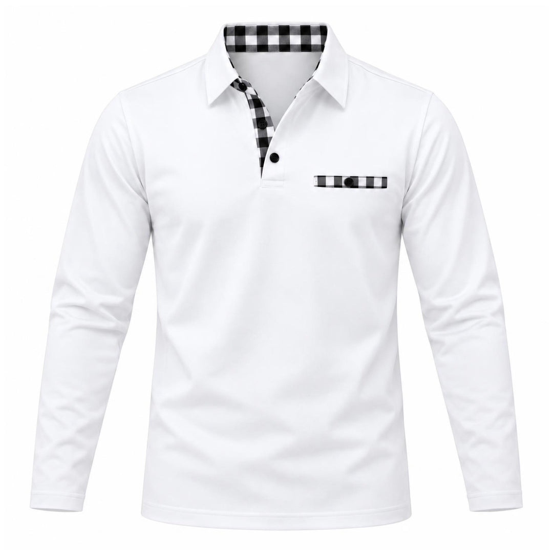Witte polo met lange mouwen, voorzijde met zwart-wit geruite knoopsluiting, kraagrand en borstzakje 5