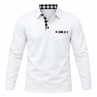 Witte polo met lange mouwen, voorzijde met zwart-wit geruite knoopsluiting, kraagrand en borstzakje 5