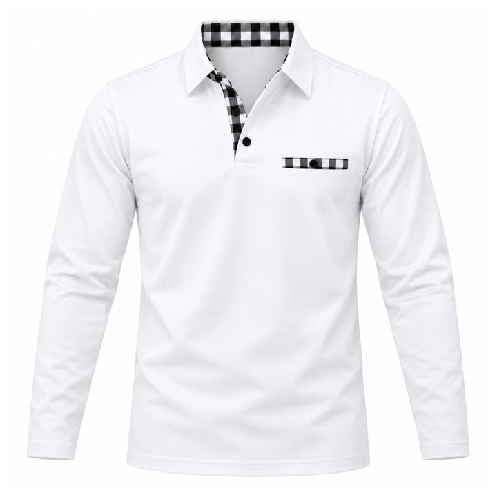 Witte polo met lange mouwen, voorzijde met zwart-wit geruite knoopsluiting, kraagrand en borstzakje 5