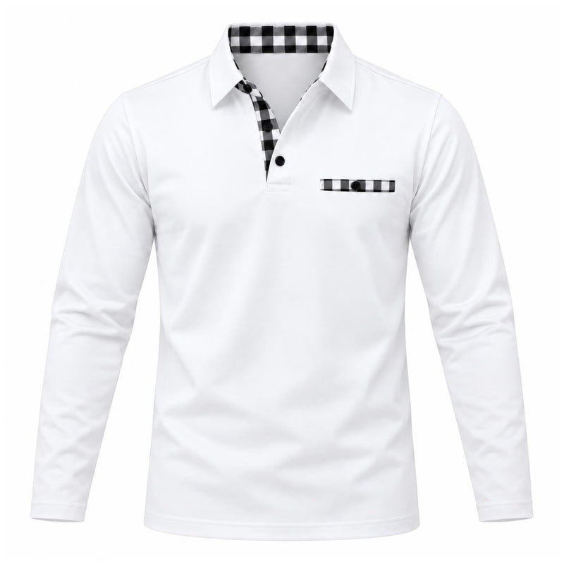 Witte polo met lange mouwen, voorzijde met zwart-wit geruite knoopsluiting, kraagrand en borstzakje 5