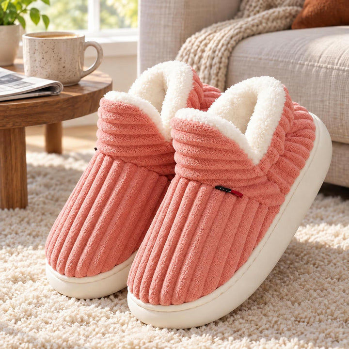 Roze geribbelde pantoffels met witte pluchevoering en dikke witte zool, op een pluizig vloerkleed in de woonkamer 6