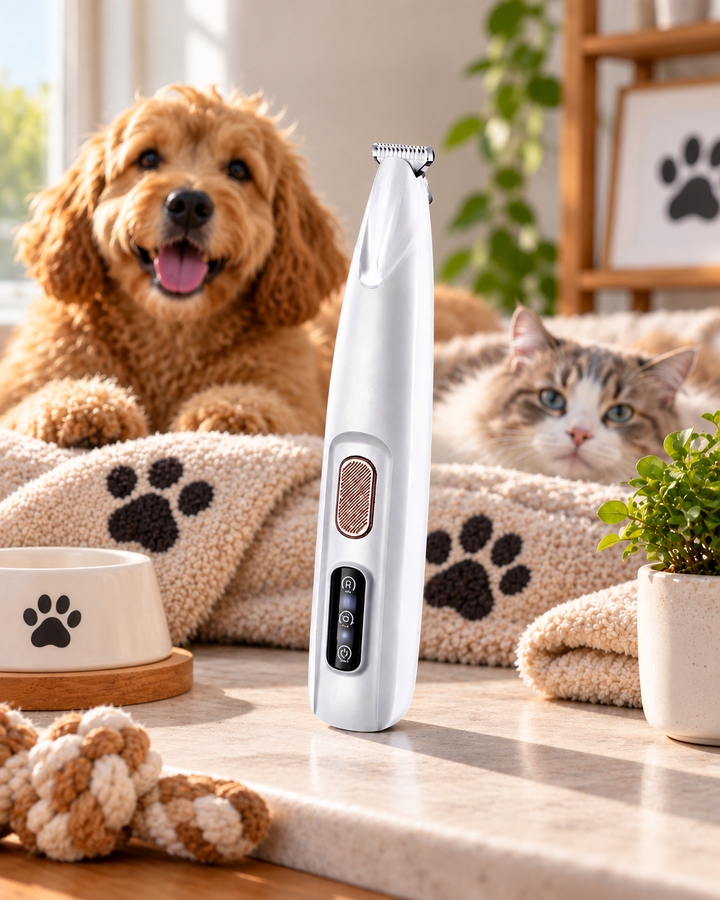 Witte trimmer rechtopstaand op een aanrecht, met een krullige hond en een kat op de achtergrond 1