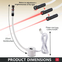 Maatschets van de laser met arm en USB-snoer, plus drie stappen voor het draaien van de lens om de bundel te regelen 5