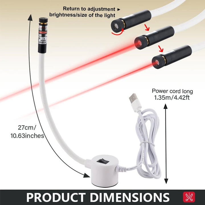 Maatschets van de laser met arm en USB-snoer, plus drie stappen voor het draaien van de lens om de bundel te regelen 5