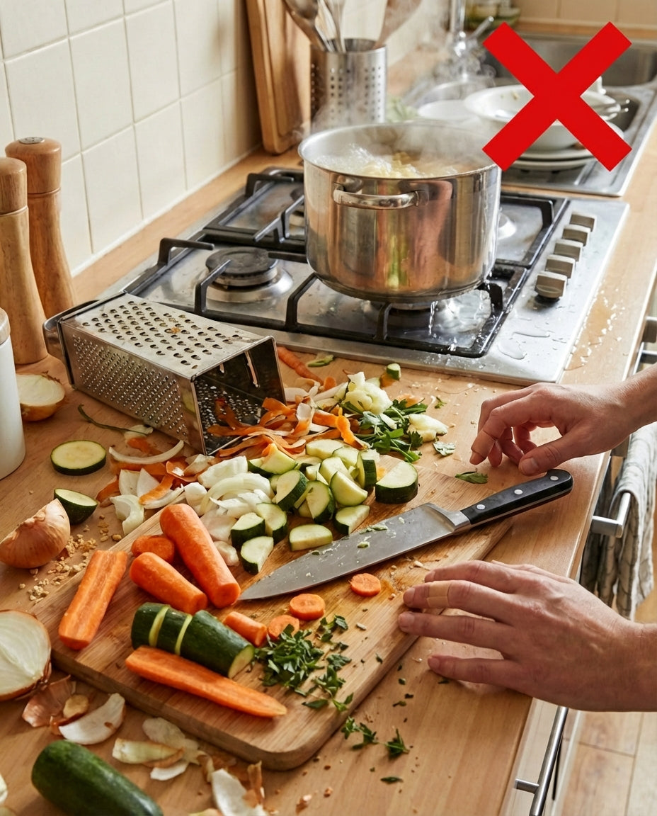 Rommelig aanrecht met snijplank, mes, gesneden wortel, courgette en ui en een klassieke blokraspen naast een pan op het gasfornuis. 2