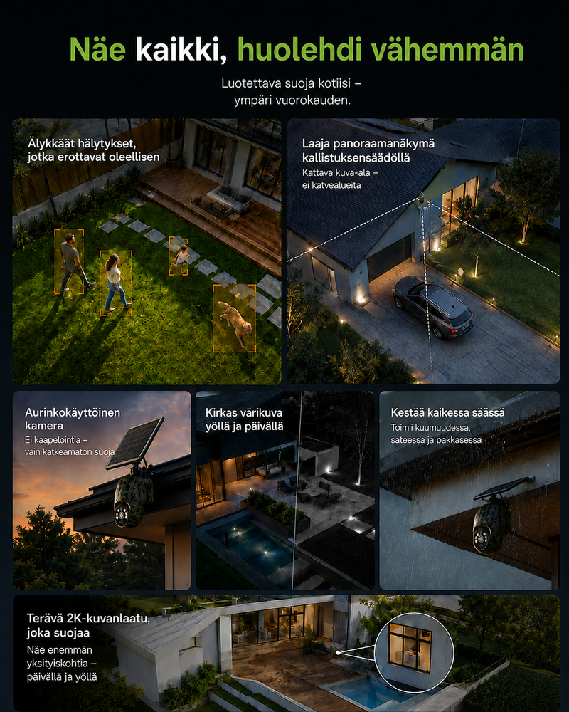 Collage van gebruiksmomenten: slimme meldingen in de tuin, groothoekbeeld van een oprit, camera bij zonsondergang, regen, dag- en nachtbeeld en detailzoom. 4