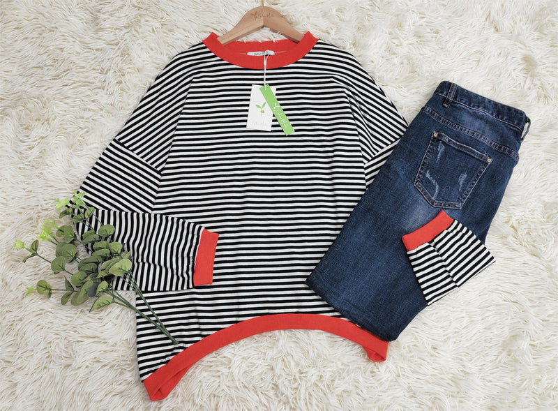 Orange-marineblau-weiß gestreiftes Longsleeve - HerbstStreifen