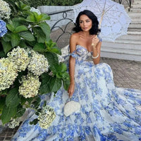 Vintage Blaues Blumenmuster Trägerloses Abendkleid - Elena