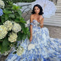 Vintage Blaues Blumenmuster Trägerloses Abendkleid - Elena