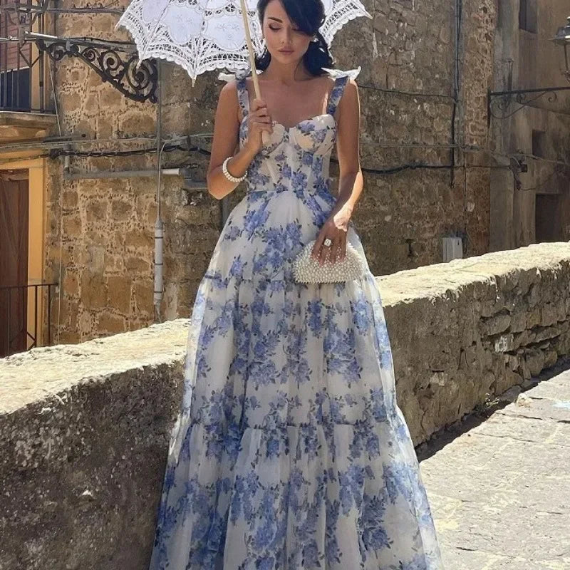 Vintage Blaues Blumenmuster Trägerloses Abendkleid - Elena