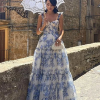 Vintage Blaues Blumenmuster Trägerloses Abendkleid - Elena