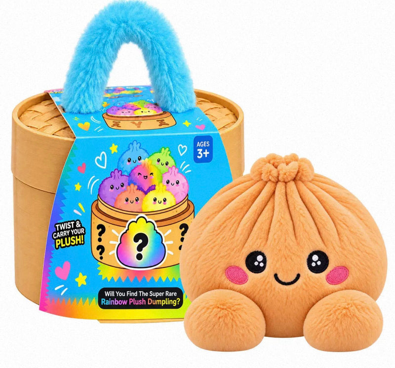 Oranjebruine pluche knoedel met blozende wangen voor een stoommand met pluchen blauw handvat 2