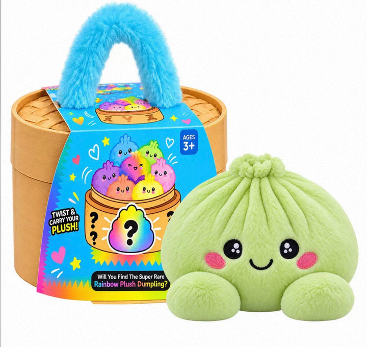 Lichtgroene pluche knoedel met lachend gezicht naast de stoommandverpakking met blauw pluchen handvat 5