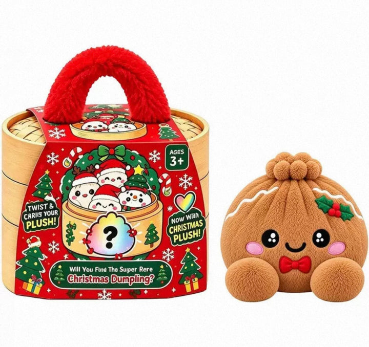 Bruine pepernoot-knoedelknuffel met rood strikje naast de rode kerststoommand met pluchen handvat 13