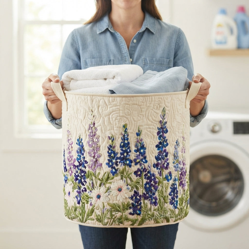 Vrouw in spijkerblouse houdt de mand vast aan de canvas handgrepen, gevuld met handdoeken, voor een wasmachine. 4
