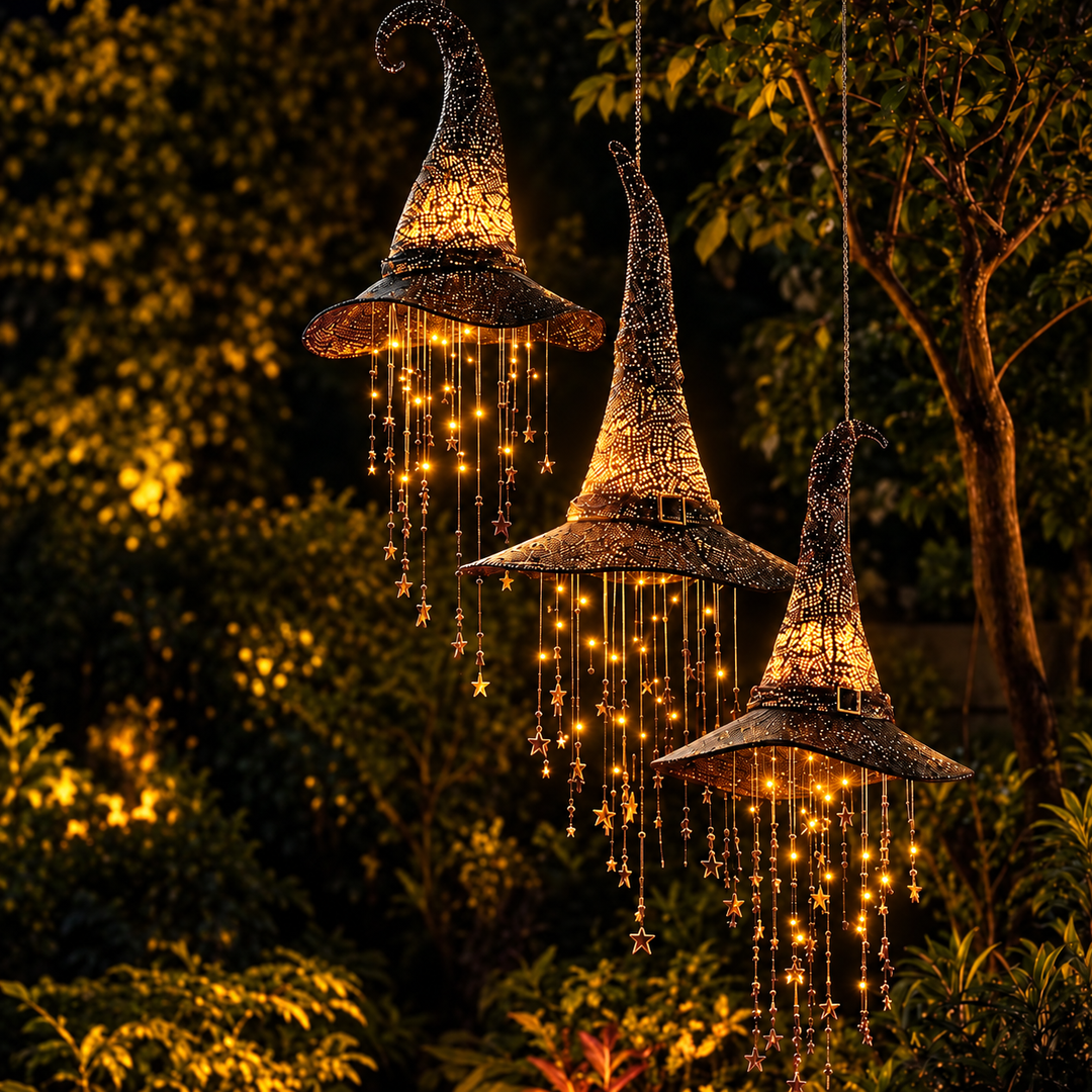 Drie lichtgevende heksenhoeden met glinsterende sterrenstrengen hangen 's avonds tussen het gebladerte in een tuin. 2