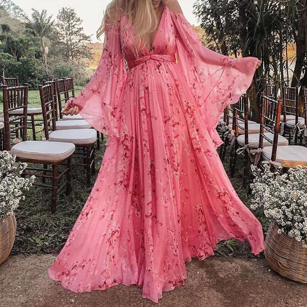 Schwingendes rosa Chiffonkleid mit ausgestellten Ärmeln - Isabelle