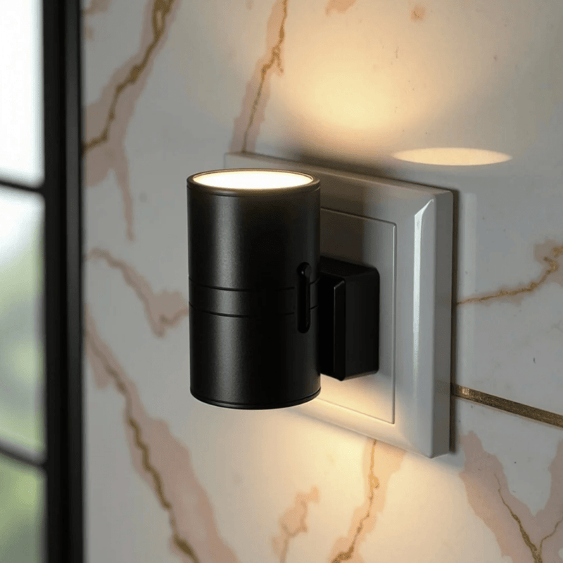 Close-up van de zwarte lamp in een wandcontactdoos tegen een marmeren muur, met lichtschijf erboven 8
