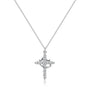 Zilverkleurige kruishanger met kroon en steentjes aan een fijne schakelketting, productfoto vanaf de voorkant op effen achtergrond. 6