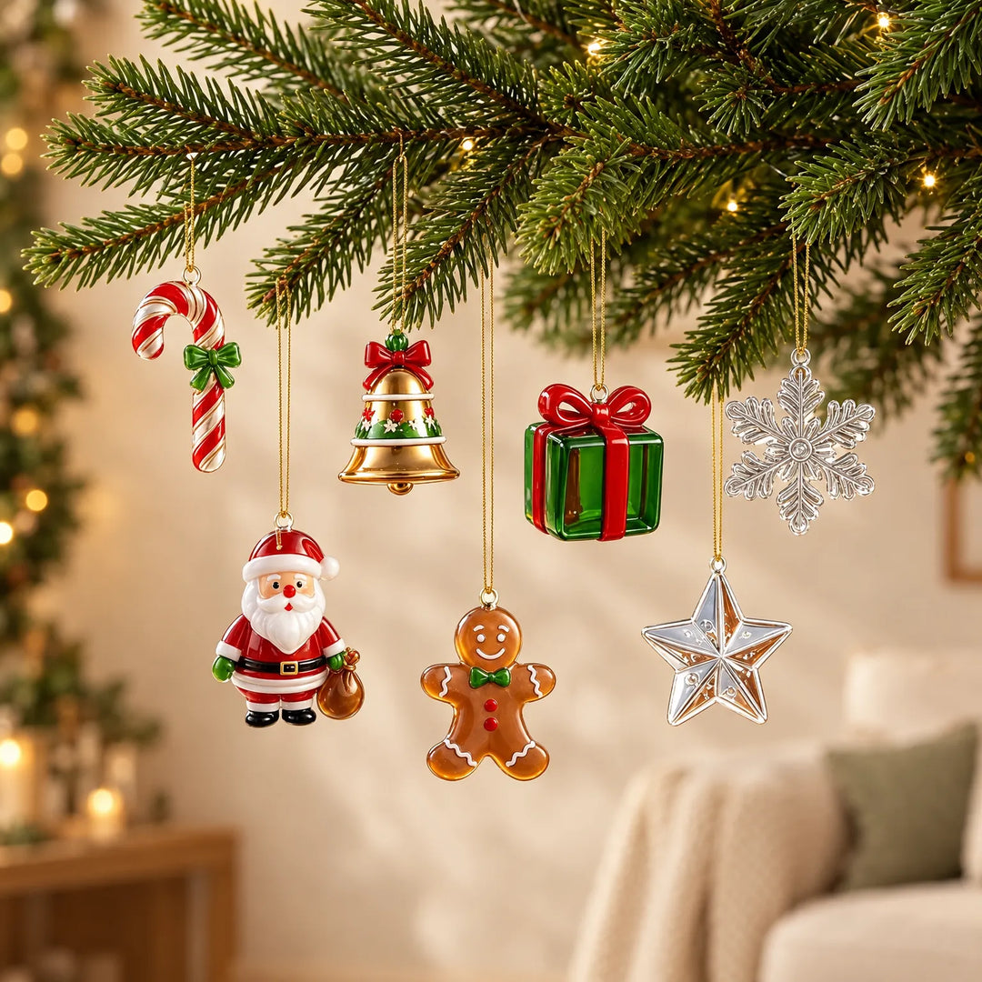 Zeven glazen kersthangers aan gouden draadjes onder een dennentak: zuurstok, klok, kerstman, peperkoekman, cadeautje, ster en sneeuwvlok, met kerstverlichting o 1