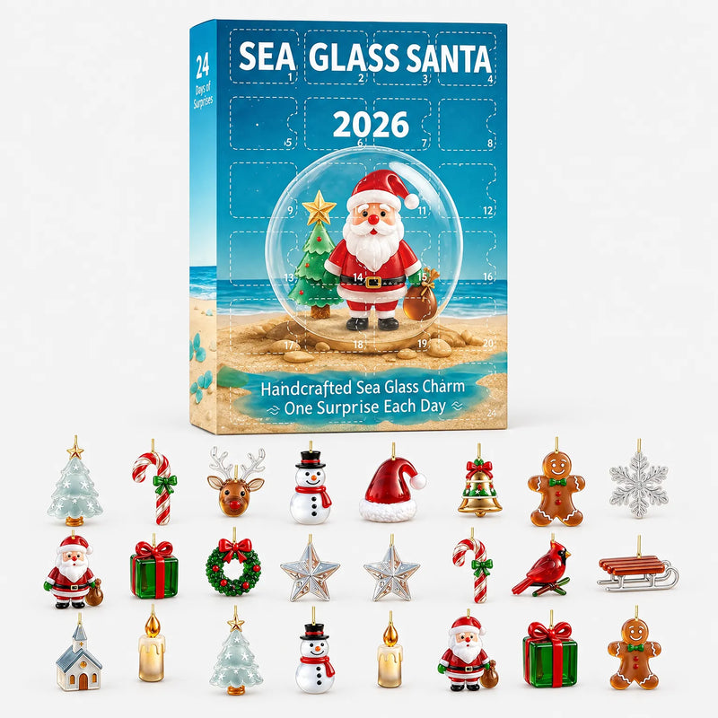 Verpakking van de adventskalender met 24 vakjes, met daaronder alle 24 kersthangers uitgestald: kerstboompjes, rendier, sneeuwpop, kerstmuts, kaarsjes, kerkje e 2