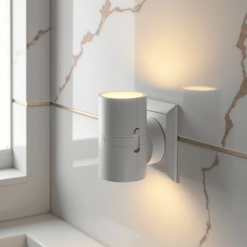 Close-up van de witte lamp met schuifknopje in een stopcontact tegen een marmeren wand 9