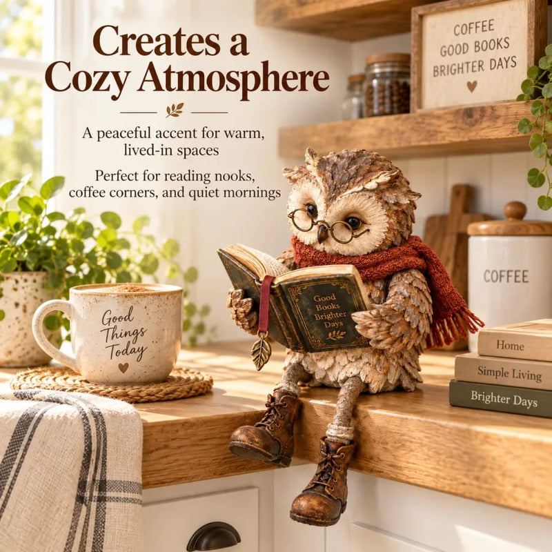 Uilbeeldje met bril en boek zit op een houten keukenblad naast een koffiemok, plantjes en een stapeltje boeken. 6