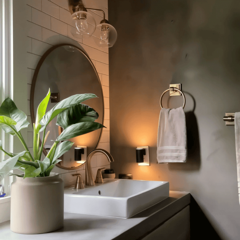Twee kleine zwarte stekkerlampen geven een warme gloed in een badkamer met wastafel, spiegel en plant 6