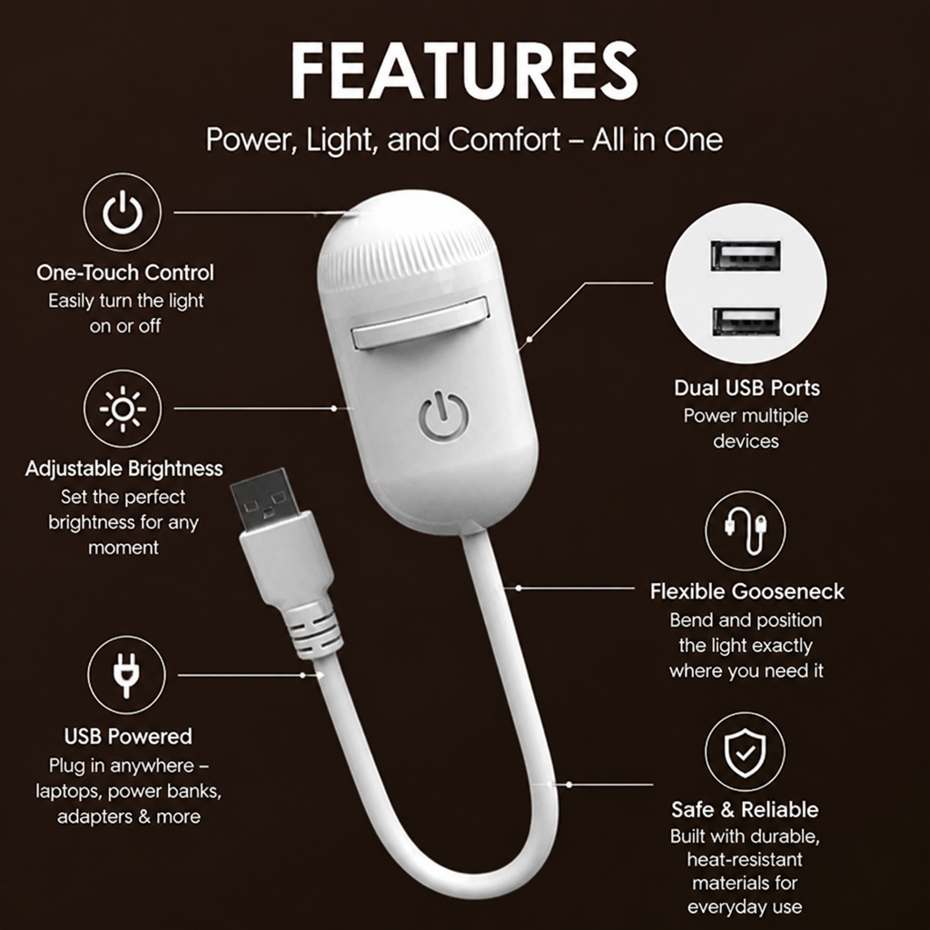 Overzichtsafbeelding van de witte projector met pictogrammen die aan-knop, helderheid, twee USB-poorten, buigbare zwanenhals en USB-voeding aanwijzen. 7
