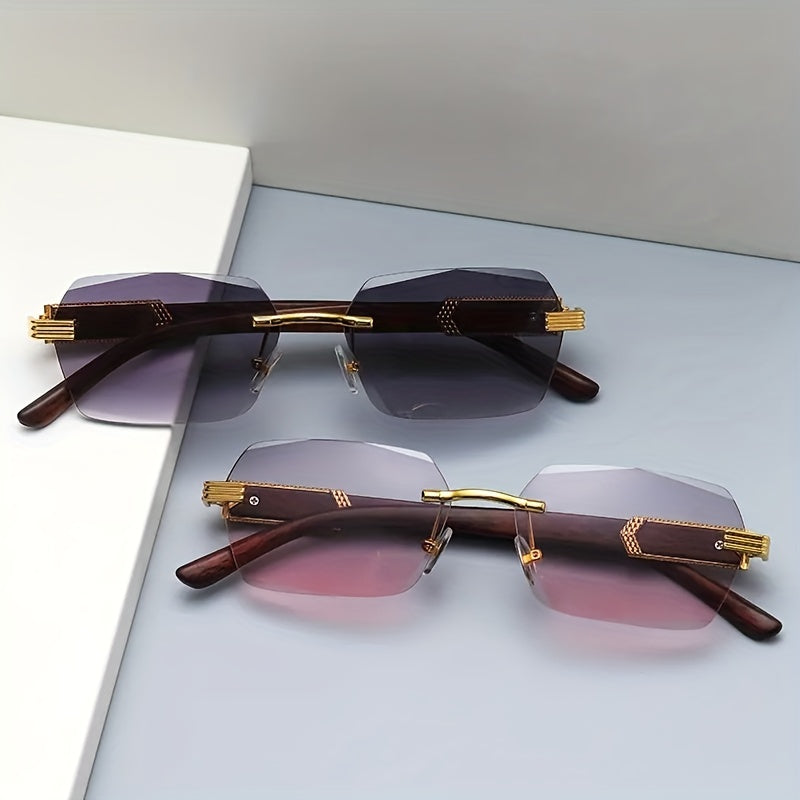 Randlose Sonnenbrille mit Rechteckigen Gläsern und Holzoptik-Bügeln – Verro