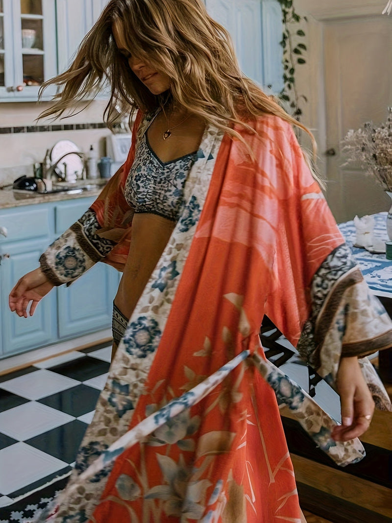 Red Floral Print Kimono - Isabella